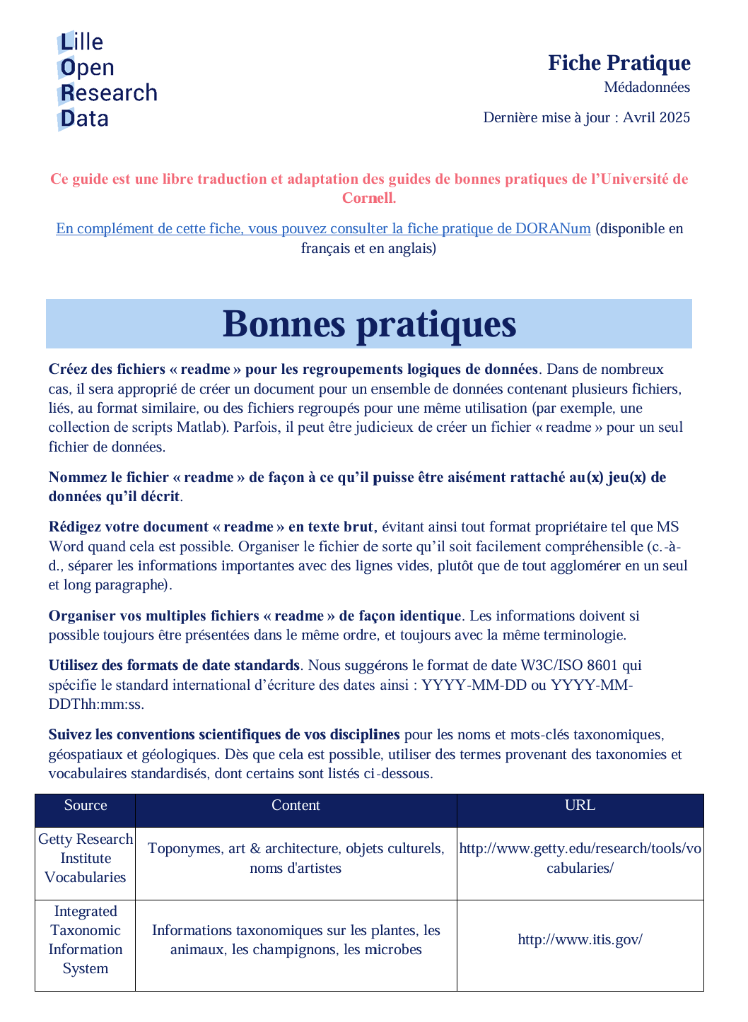Accès à la fiche sur les bonnes pratiques pour la documentation des données  (354 Ko, PDF)